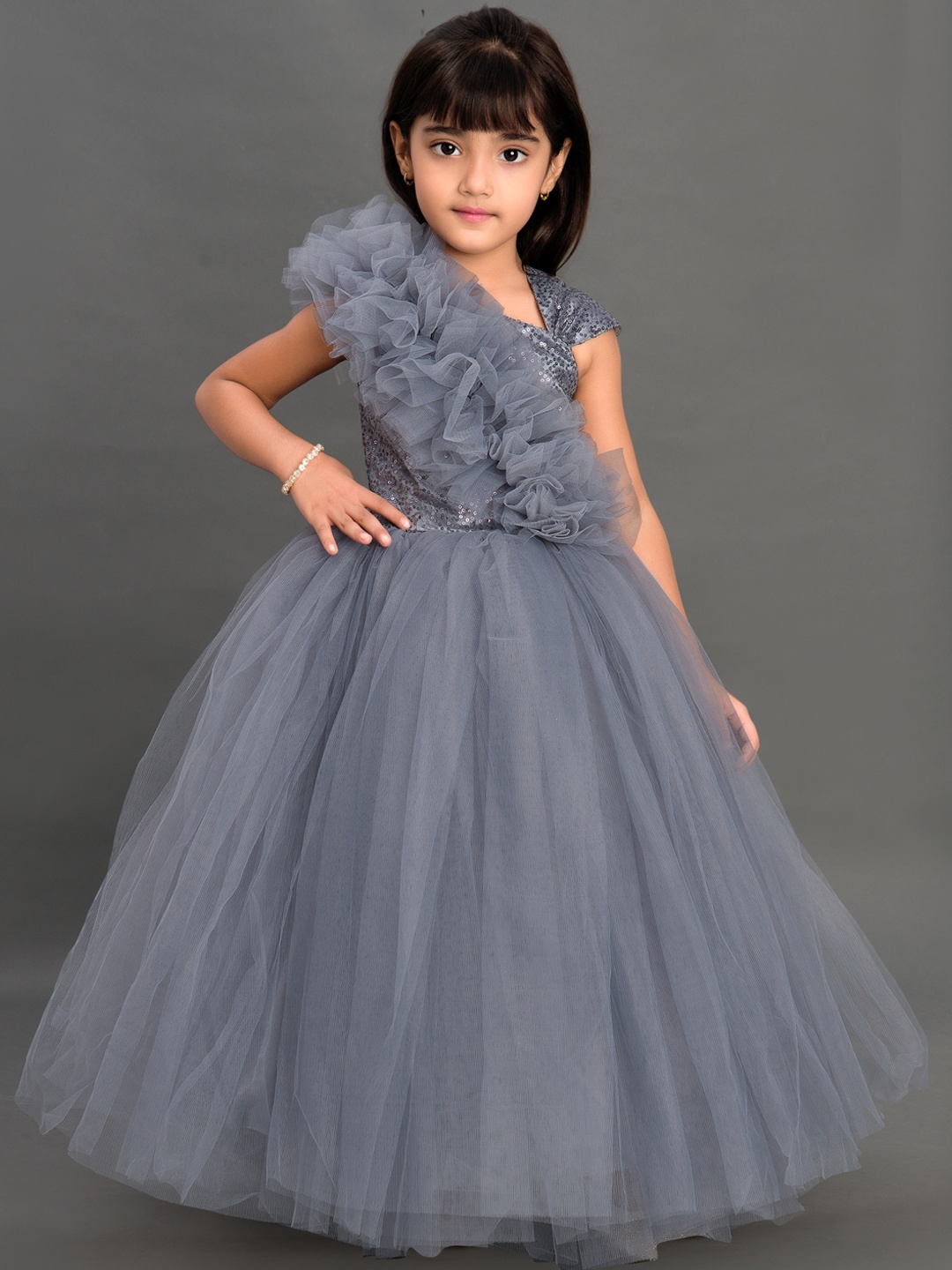 

Pink Chick Girls Grey & Silver-Toned Embellished Net Maxi Dress