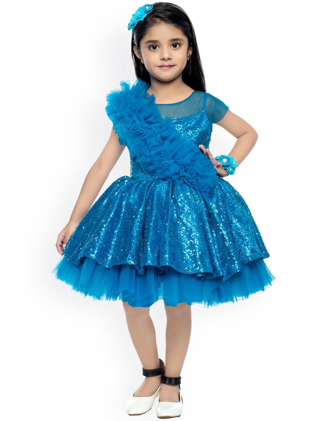 

Pink Chick Blue Embellished Gathered Net Dress