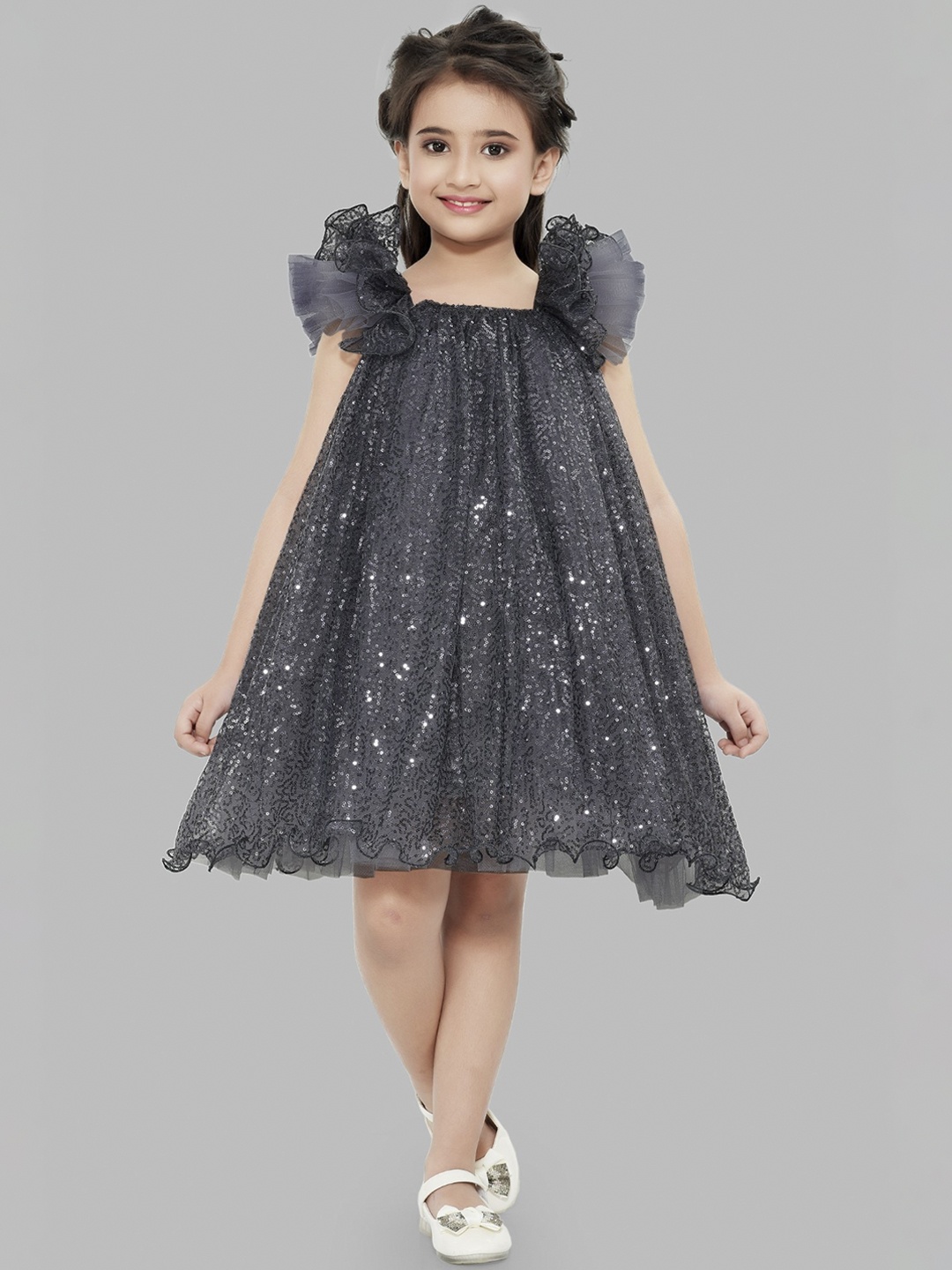 

Pink Chick Girls Grey Net A-Line Dress