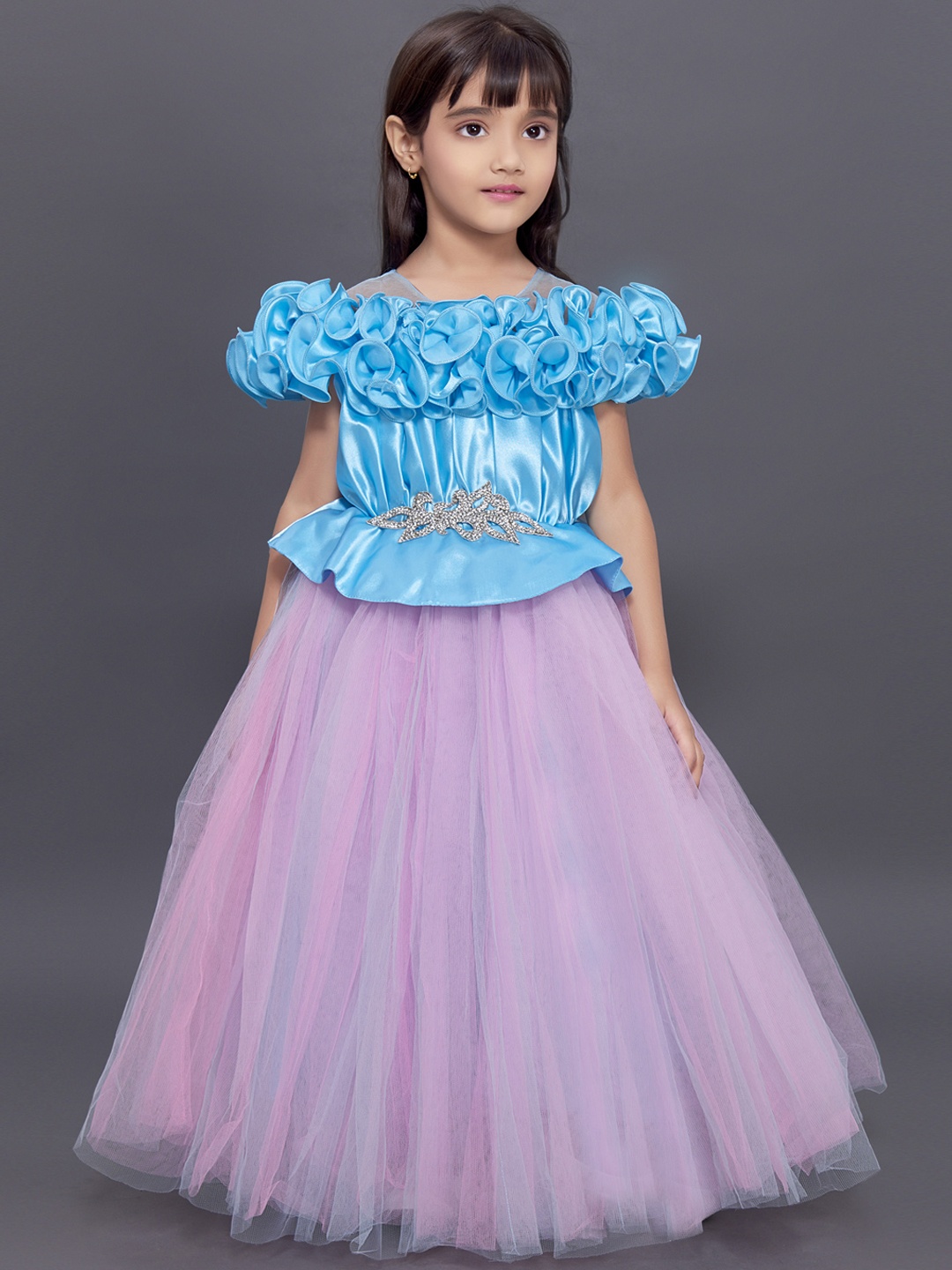 

Pink Chick Girls Blue & Pink Colourblocked Satin Peplum Dress