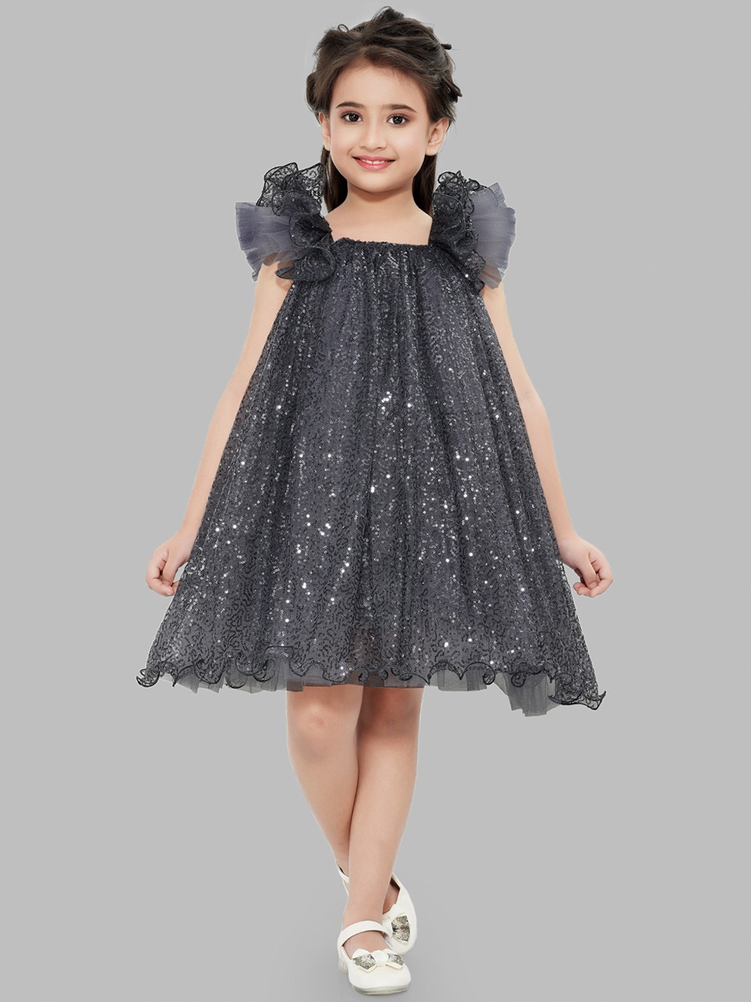 

Pink Chick Girls Grey Net A-Line Dress