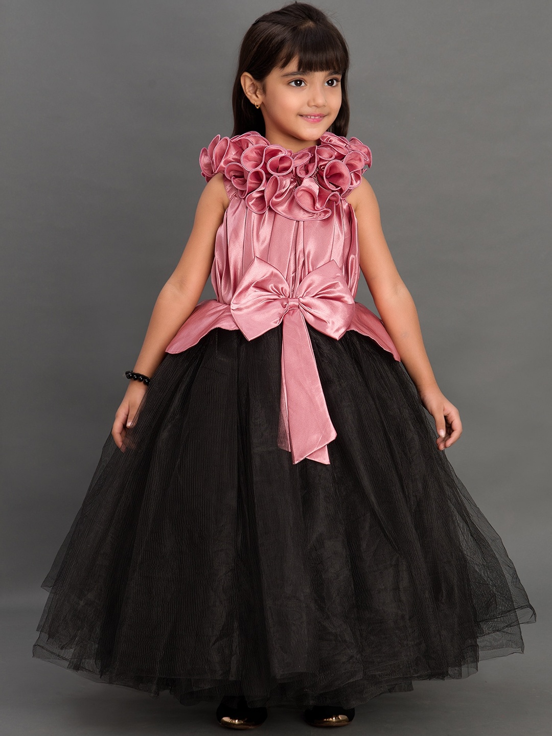 

Pink Chick Girls Rose Gold & Black Colourblocked Satin Peplum Maxi Dress