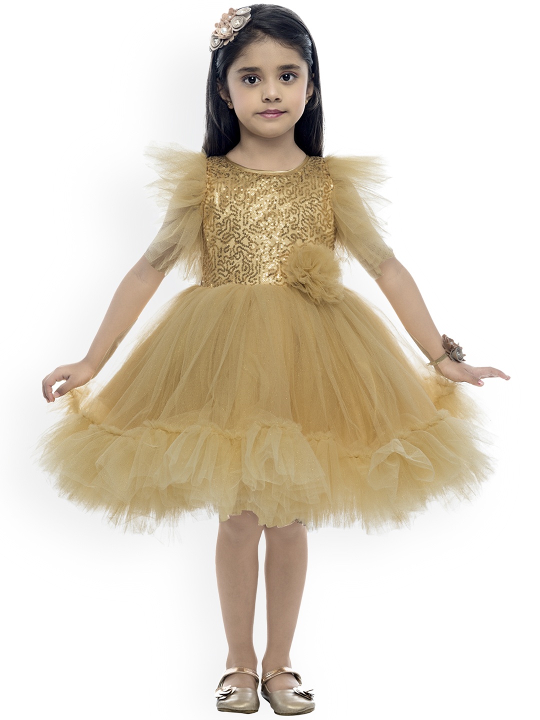 

Pink Chick Gold-Toned Embellished Sequined Net Dress