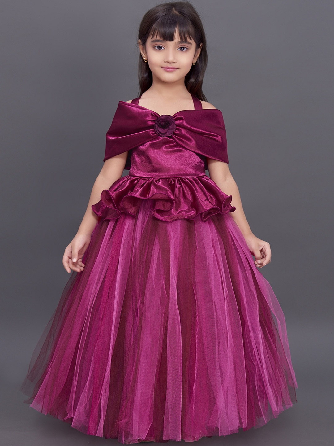 

Pink Chick Girls Burgundy Off-Shoulder Satin Maxi Gown Dress