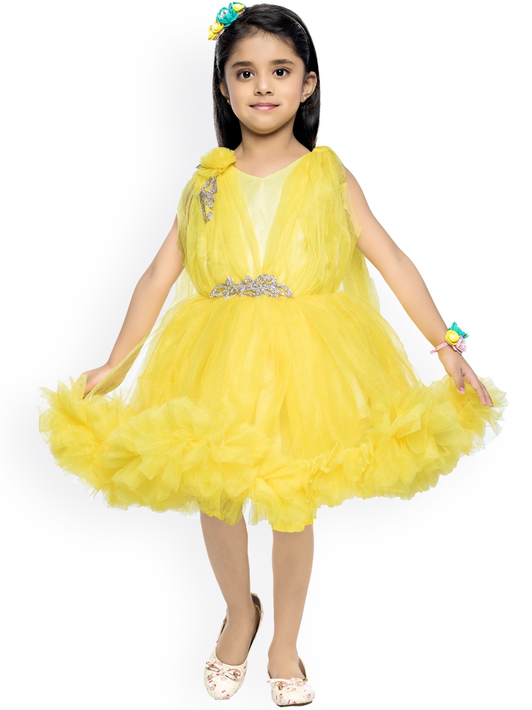 

Pink Chick Yellow Embellished Ruffle Net Dress