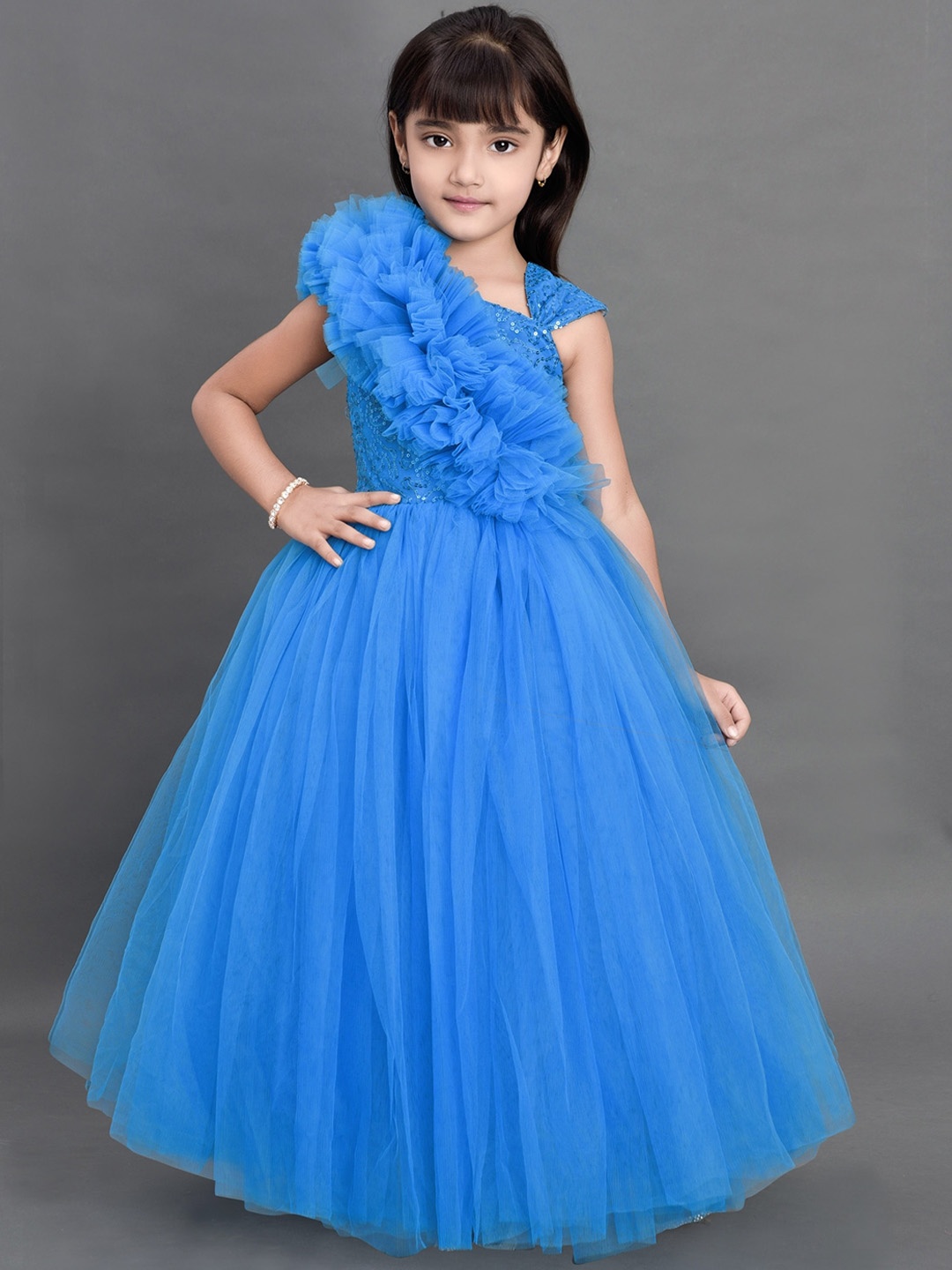 

Pink Chick Girls Blue Embellished Sequined Net Maxi Dress