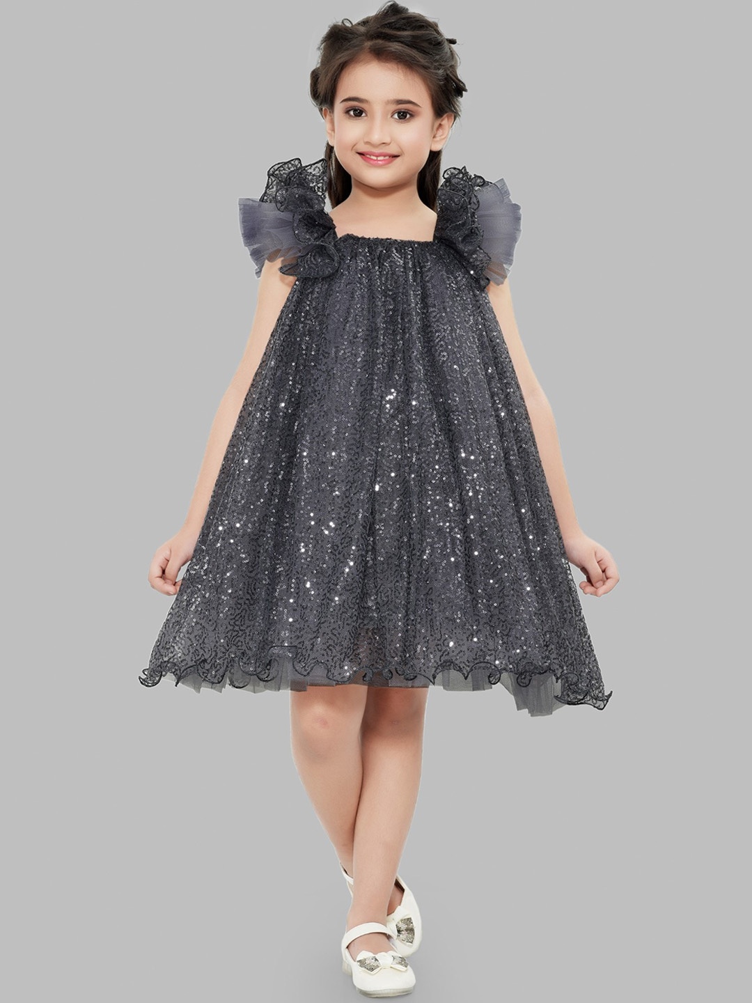 

Pink Chick Grey Net Sequins A-Line Party Dress