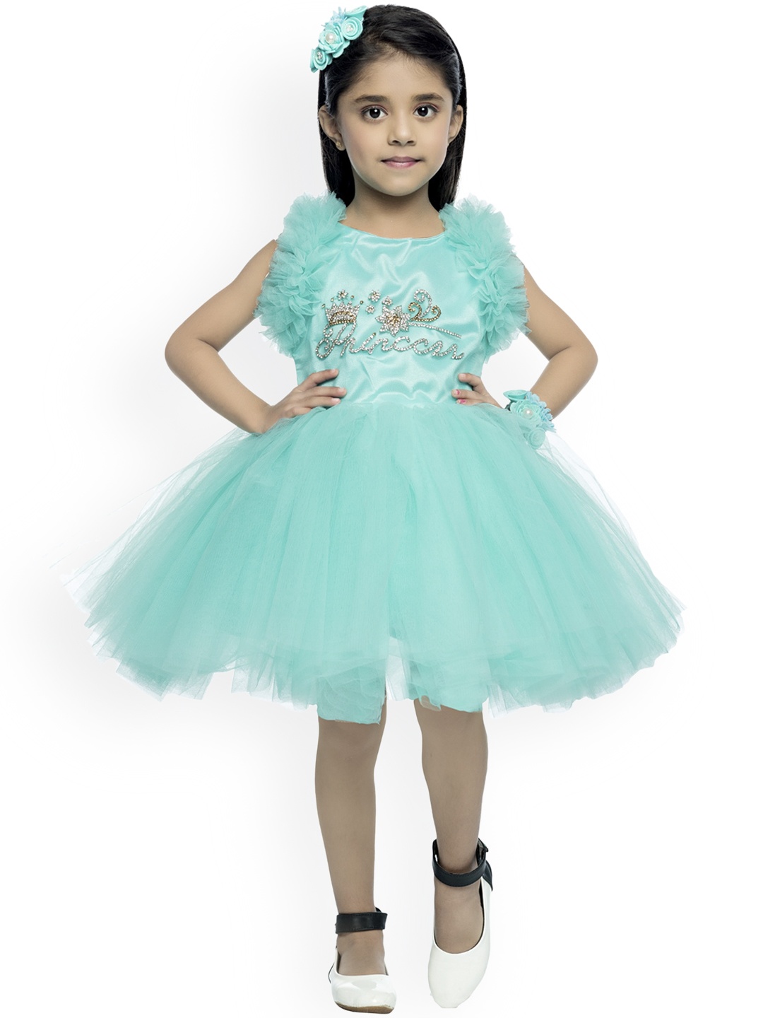 

Pink Chick Girls Sea Green & Silver-Toned Embellished Net Dress