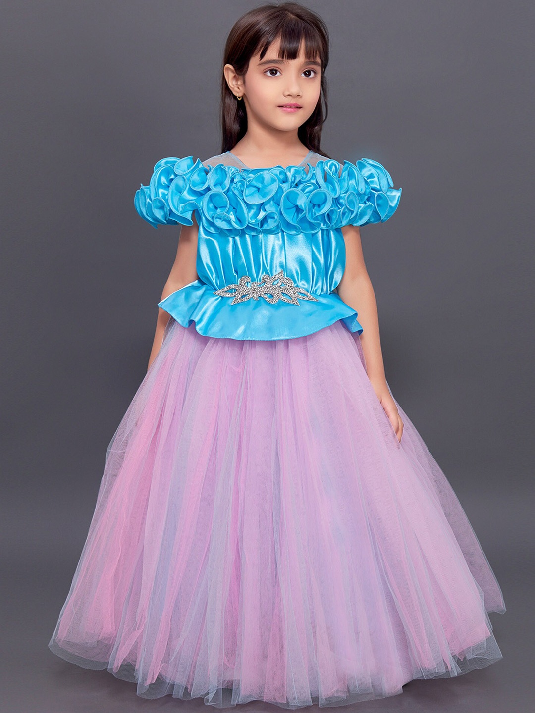 

Pink Chick Girls Blue Off-Shoulder Satin Party Maxi Dress