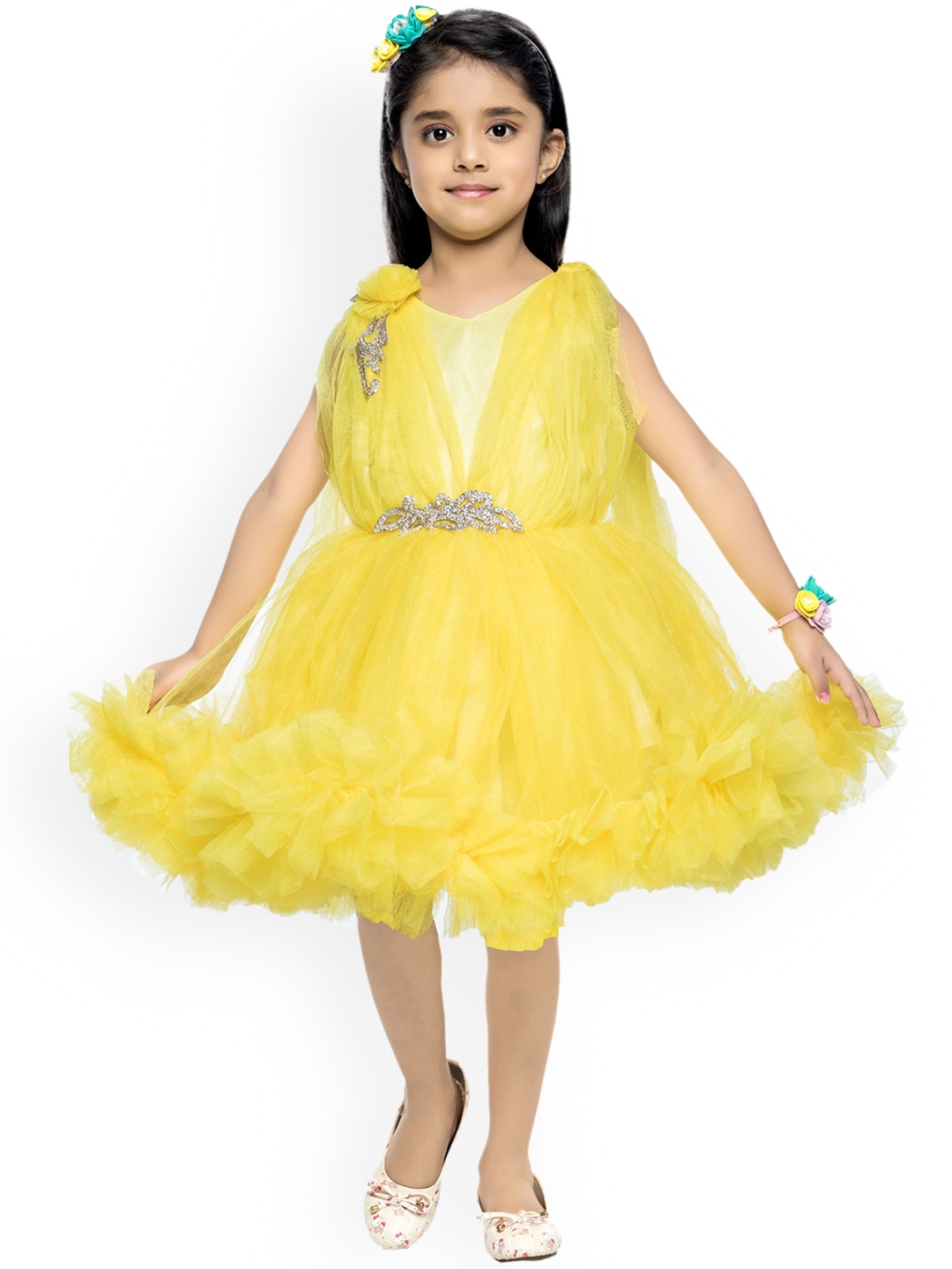 

Pink Chick Yellow & Silver-Toned Ruffled Embellished Net Dress