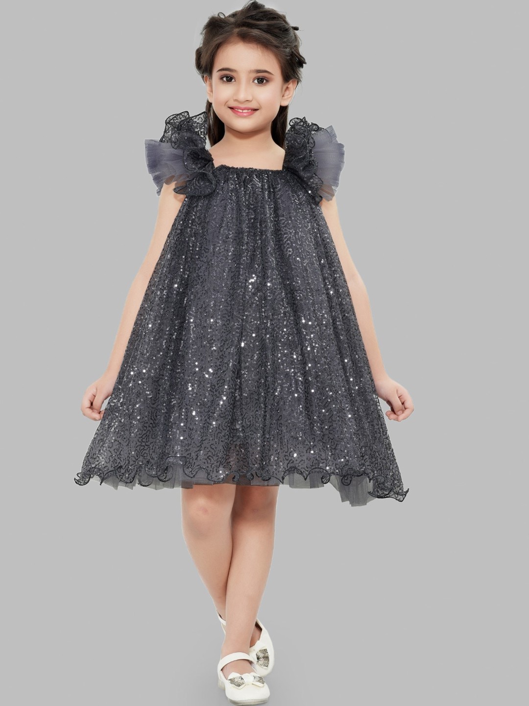 

Pink Chick Girls Grey Sequins Embellished Net A-Line Dress