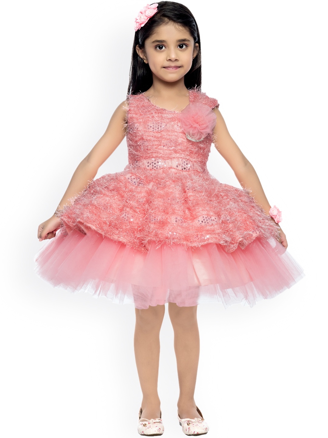 

Pink Chick Girls Peach-Coloured & Silver-Toned Layered Net Dress