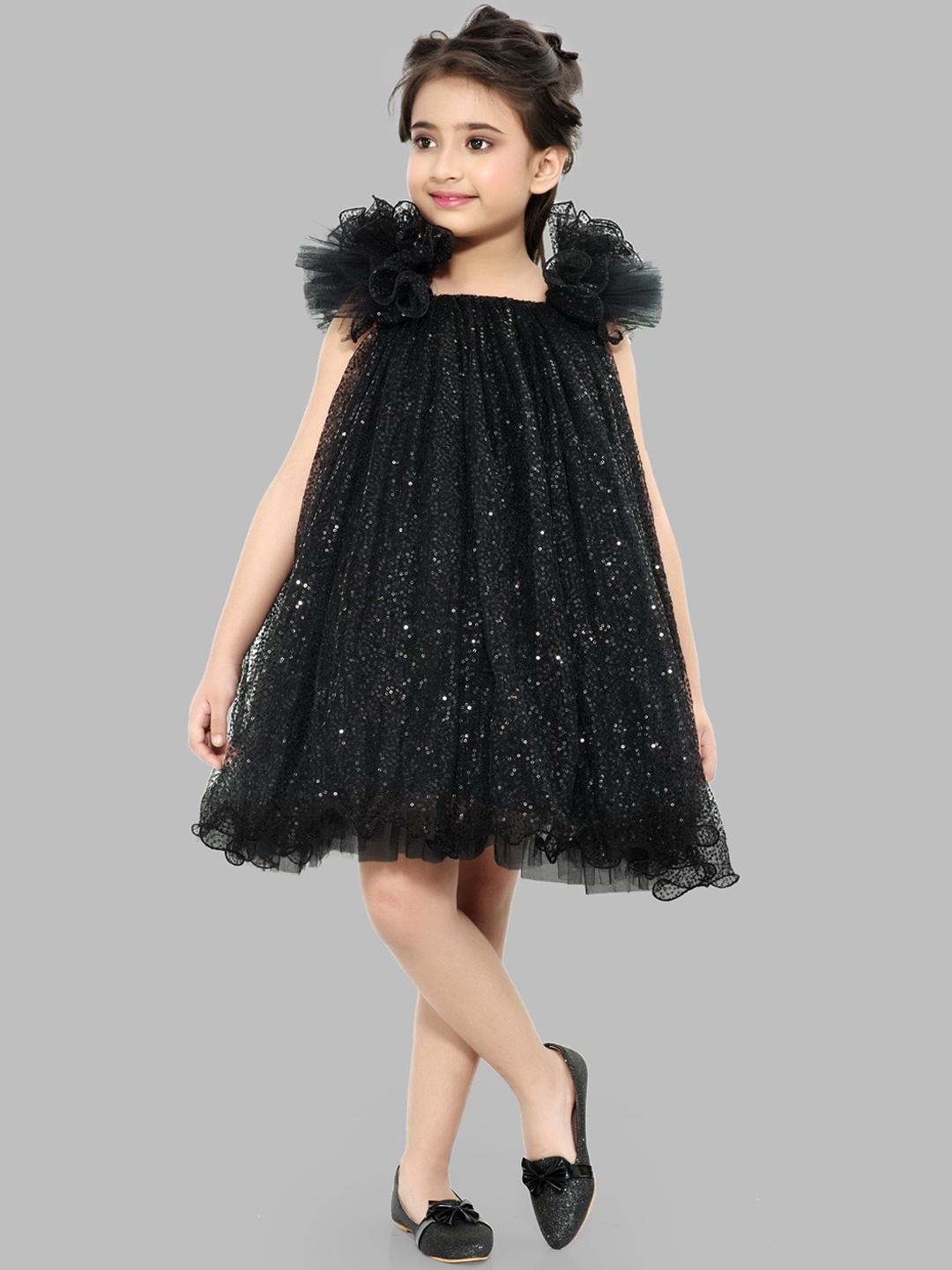

Pink Chick Black Embellished Net Sequined A-Line Dress