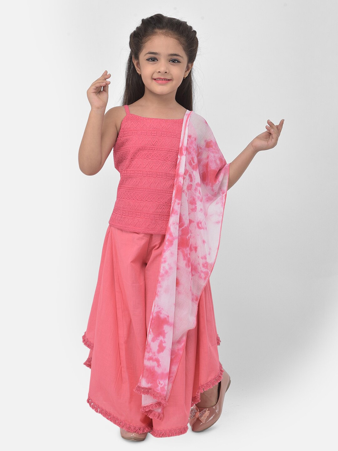 

Eavan Girls Pink & White Lace Pure Cotton Top With Palazzos & Dupatta