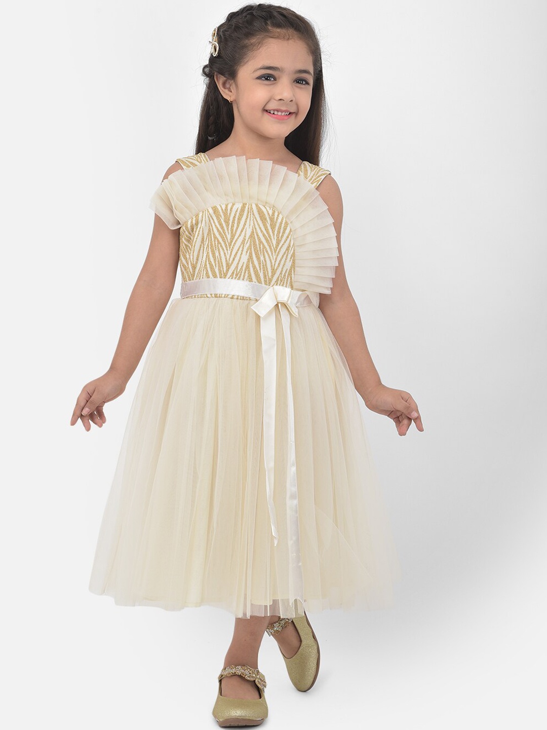 

Eavan Girls Cream-Coloured & Yellow Striped Net Midi Dress
