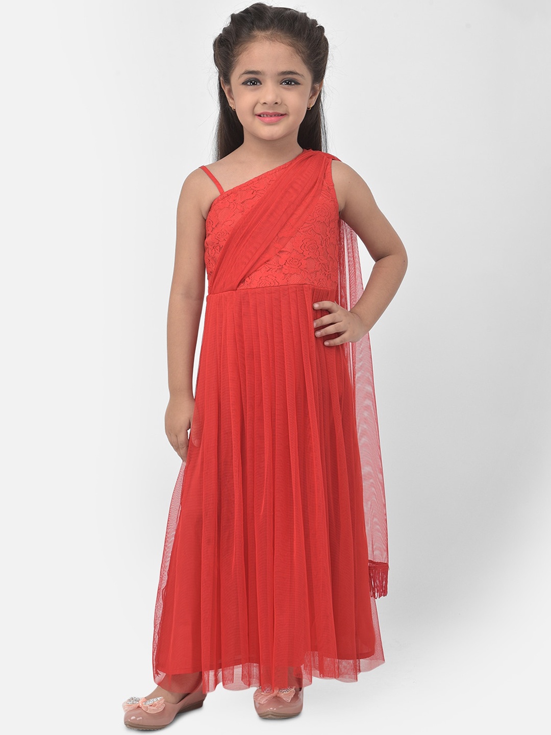 

Eavan Girls Red Floral Lace Saree Maxi Dress