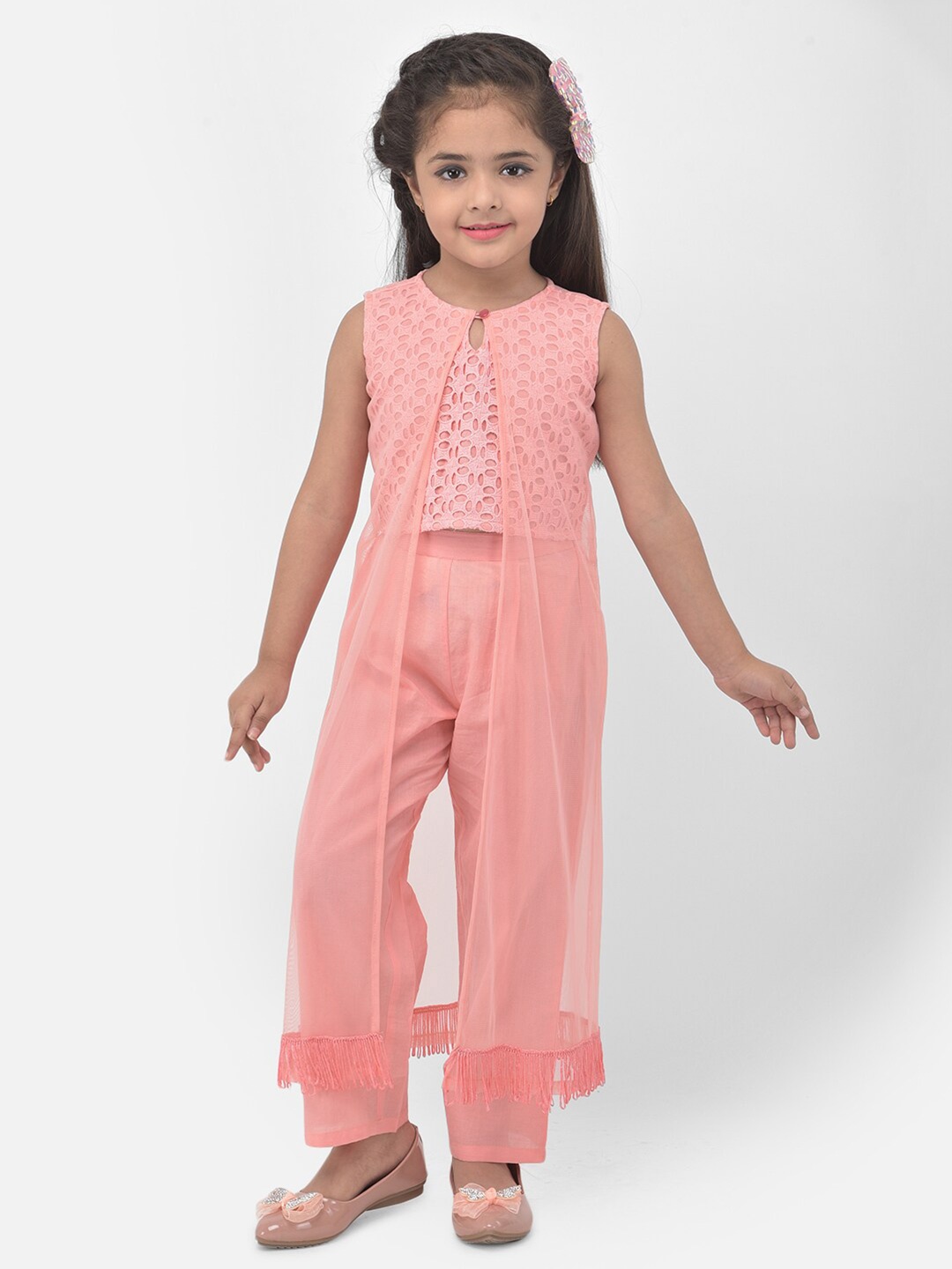 

Eavan Girls Peach-Coloured Pure Cotton Top With Trousers & Jacket