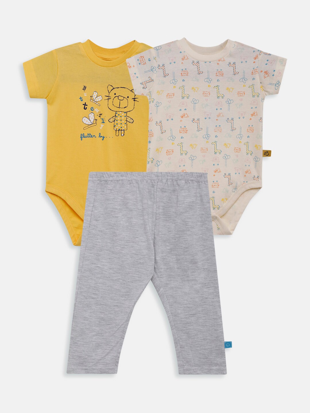 

Aomi Infant Kids Pack Of 2 Pure Cotton Printed Bodysuits With Single Pyjamas, Yellow