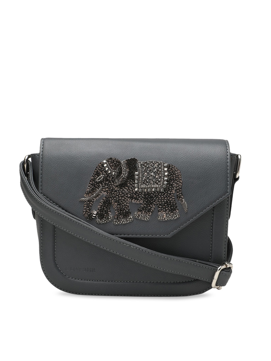 

Clotche Elephant Embellished Charcoal Grey Sling Bag
