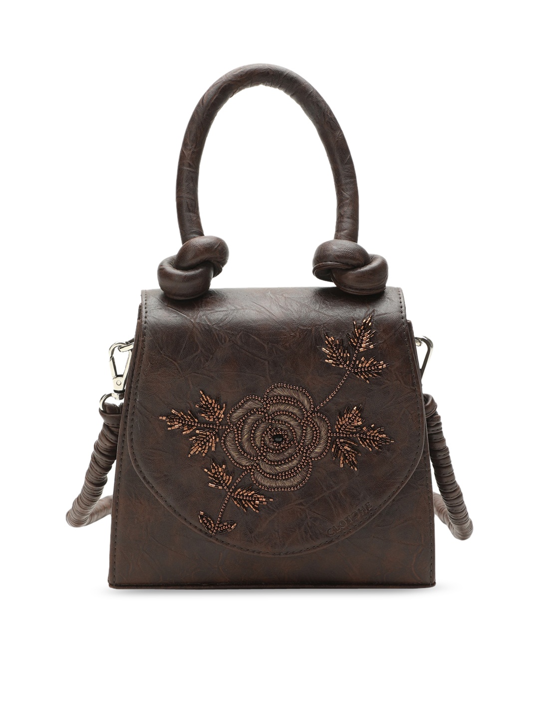 

Clotche Brown Textured Leather Structured Handheld Bag
