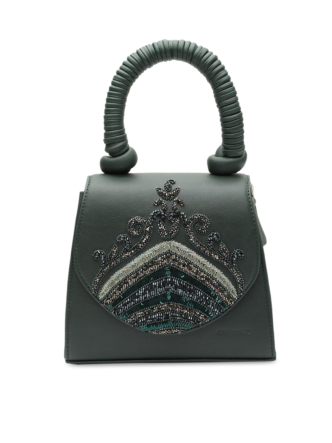 

Clotche Green Embellished Leather Swagger Handheld Bag