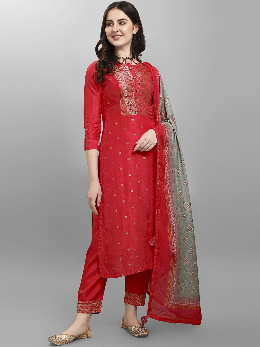 

Seerat Women Red & Grey Ethnic Motifs Regular Pure Silk Kurta With Palazzos & Dupatta