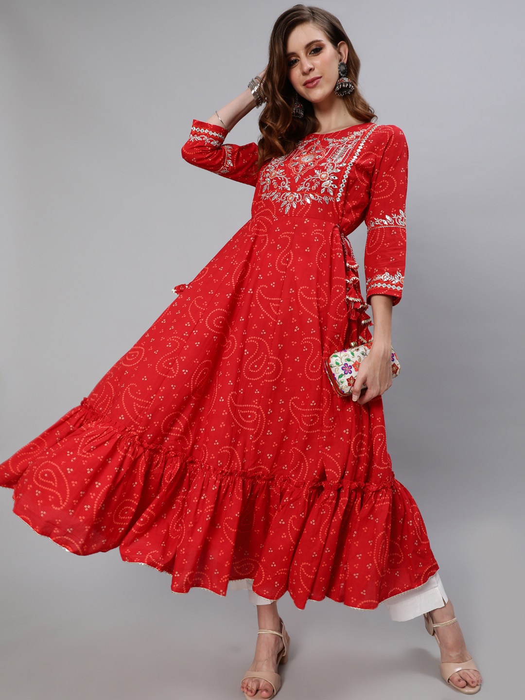 

Ishin Women Red & Silver-Toned Ethnic Motifs Embroidered Mirror Work Anarkali Kurta