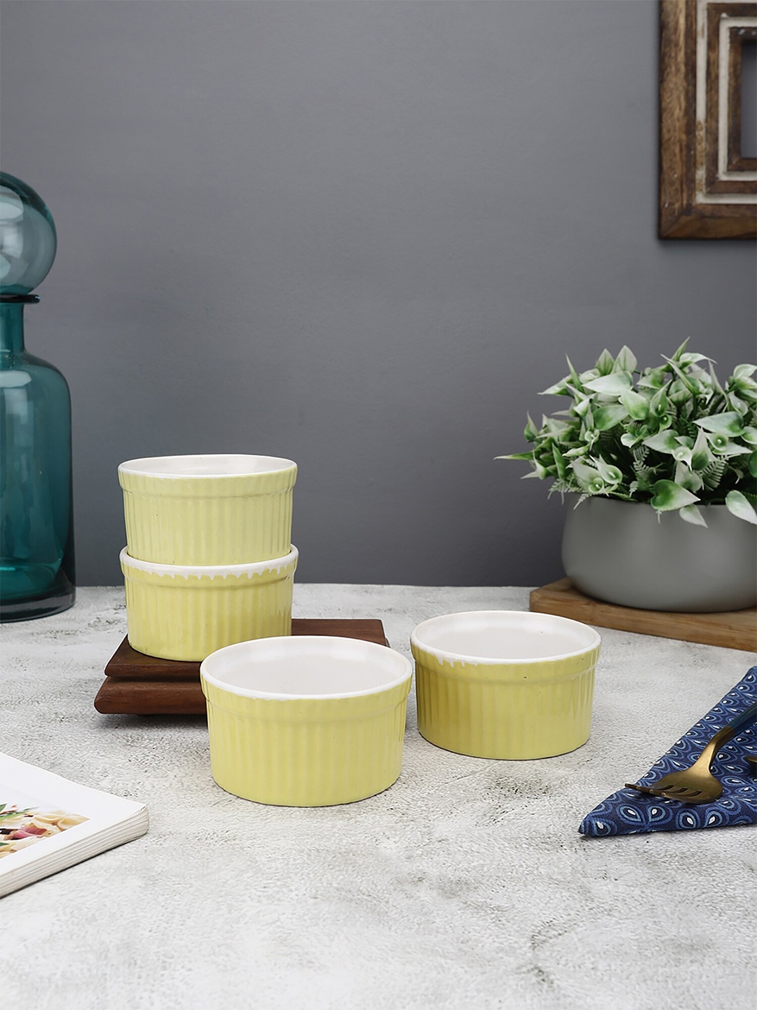 

MIAH Decor Set of 4 Ceramic Baking & Serving Microwave Safe Ramekin Bowls, Yellow
