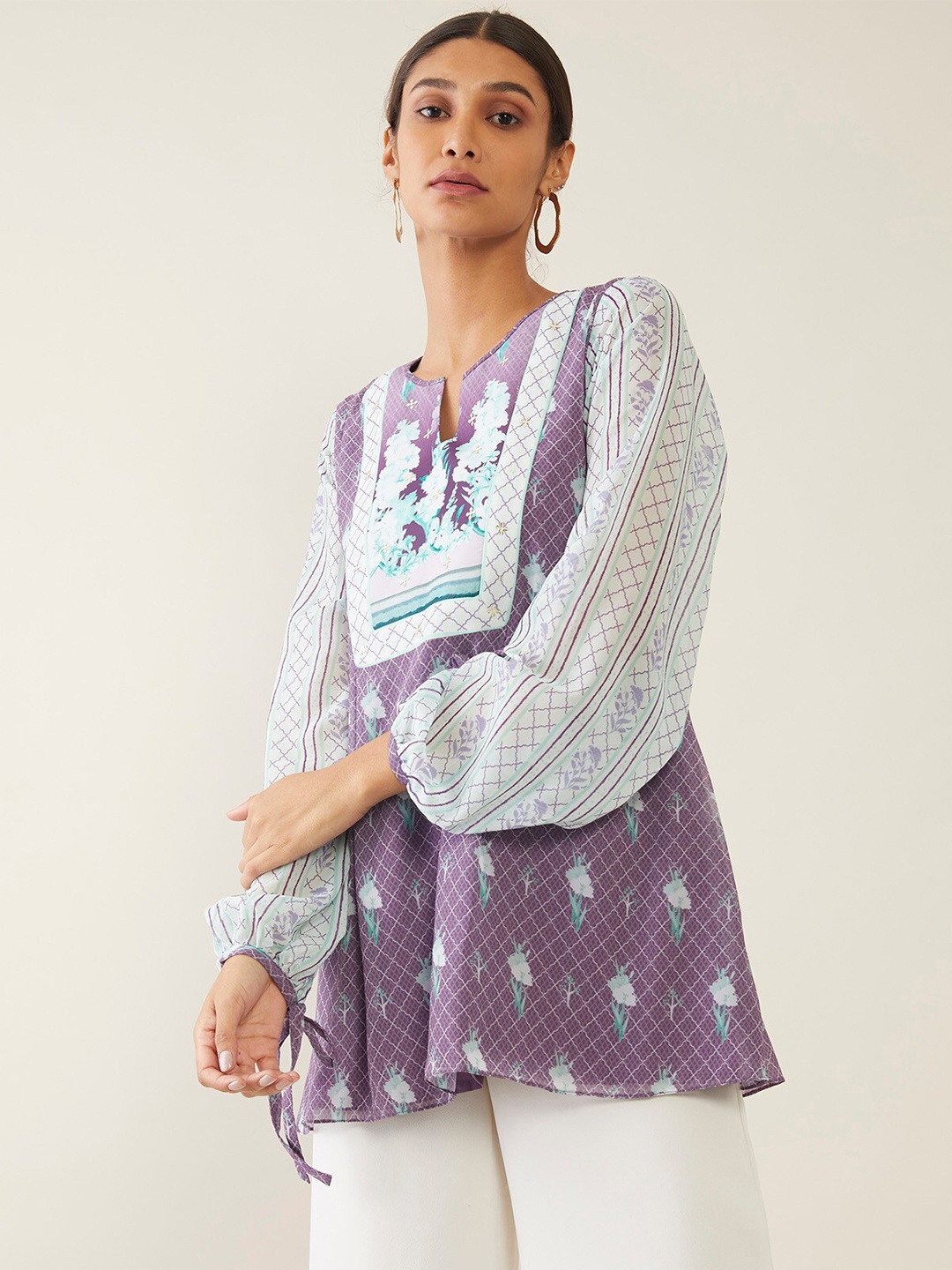 

Soch Purple & White Georgette Floral Printed Tunic