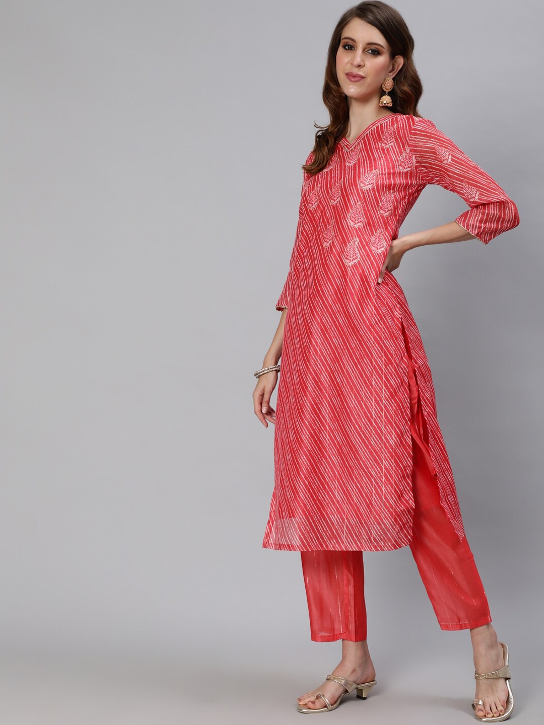 

Ishin Women Red Ethnic Motifs Printed Regular Chanderi Silk Kurta with Trousers & With Dupatta