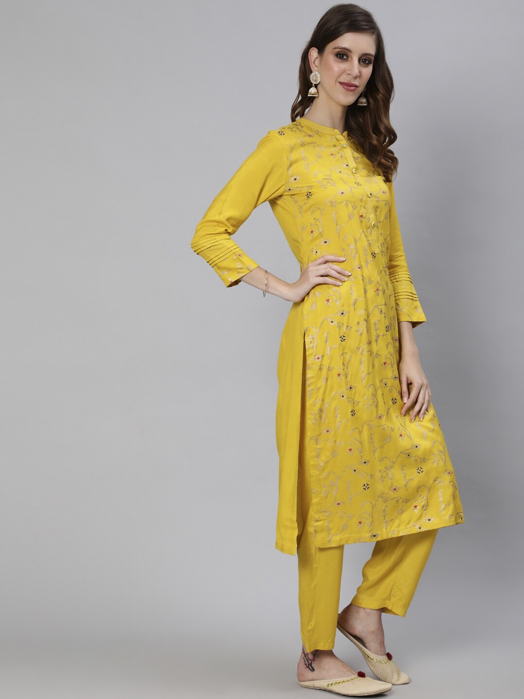 

Ishin Women Yellow Floral Foil Printed Regular Kurta With Trousers & Dupatta