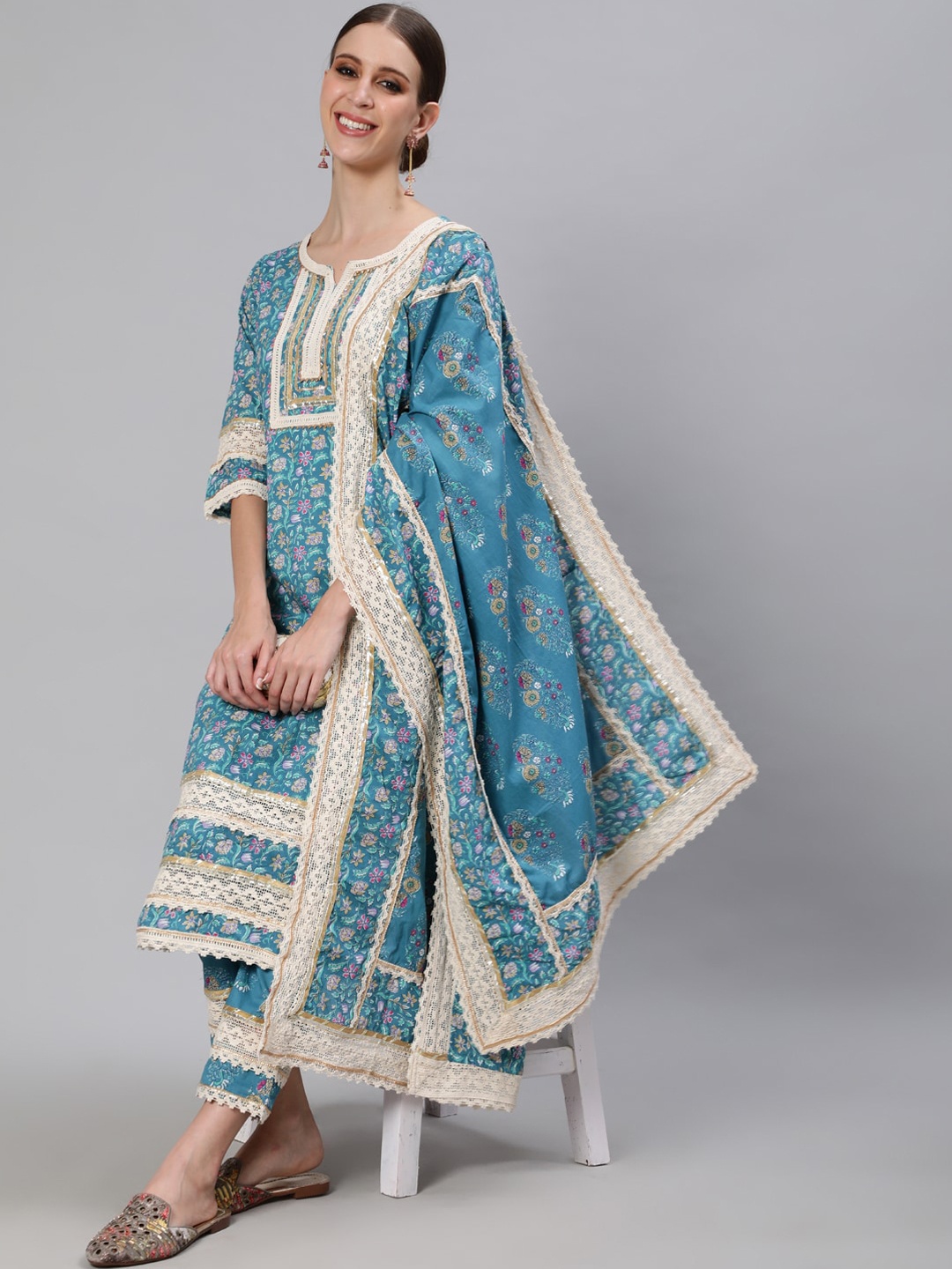 

Ishin Women Teal Ethnic Motifs Embroidered Empire Pure Cotton Kurta with Trousers & With Dupatta