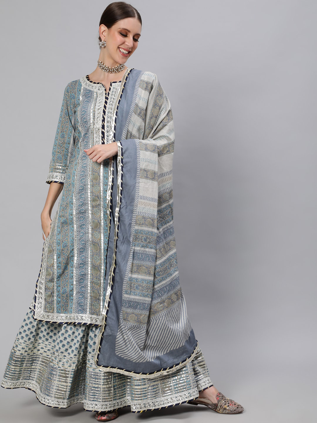 

Ishin Blue & Grey Printed Gotta Patti Pure Cotton Kurta with Skirt & With Dupatta