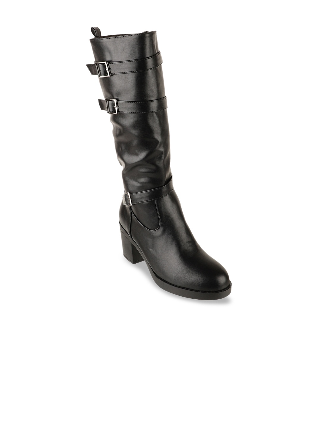 

SHUZ TOUCH Women Black PU Block Heeled Boots with Buckles