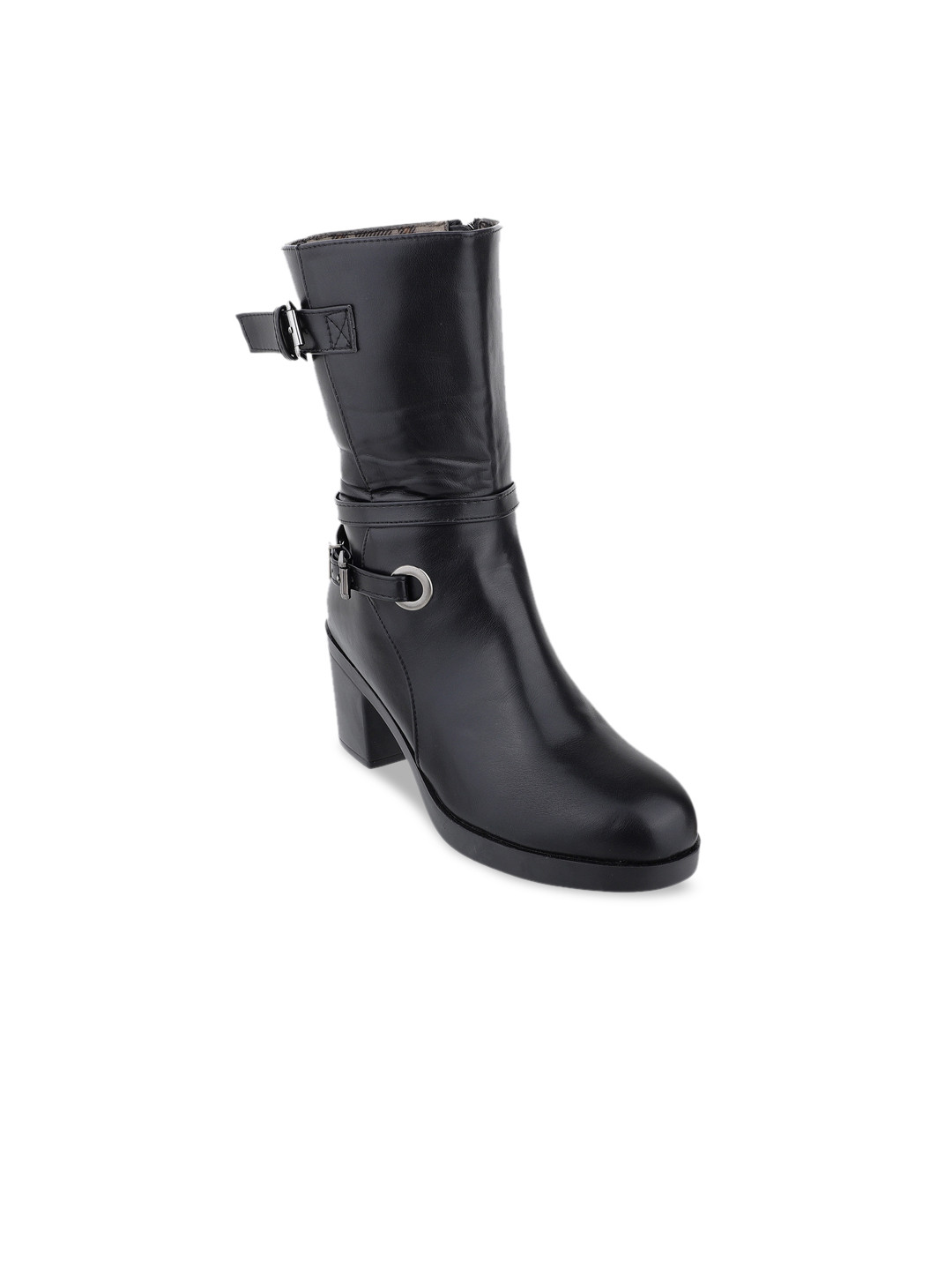 

SHUZ TOUCH Black PU Block Heeled Boots with Buckles