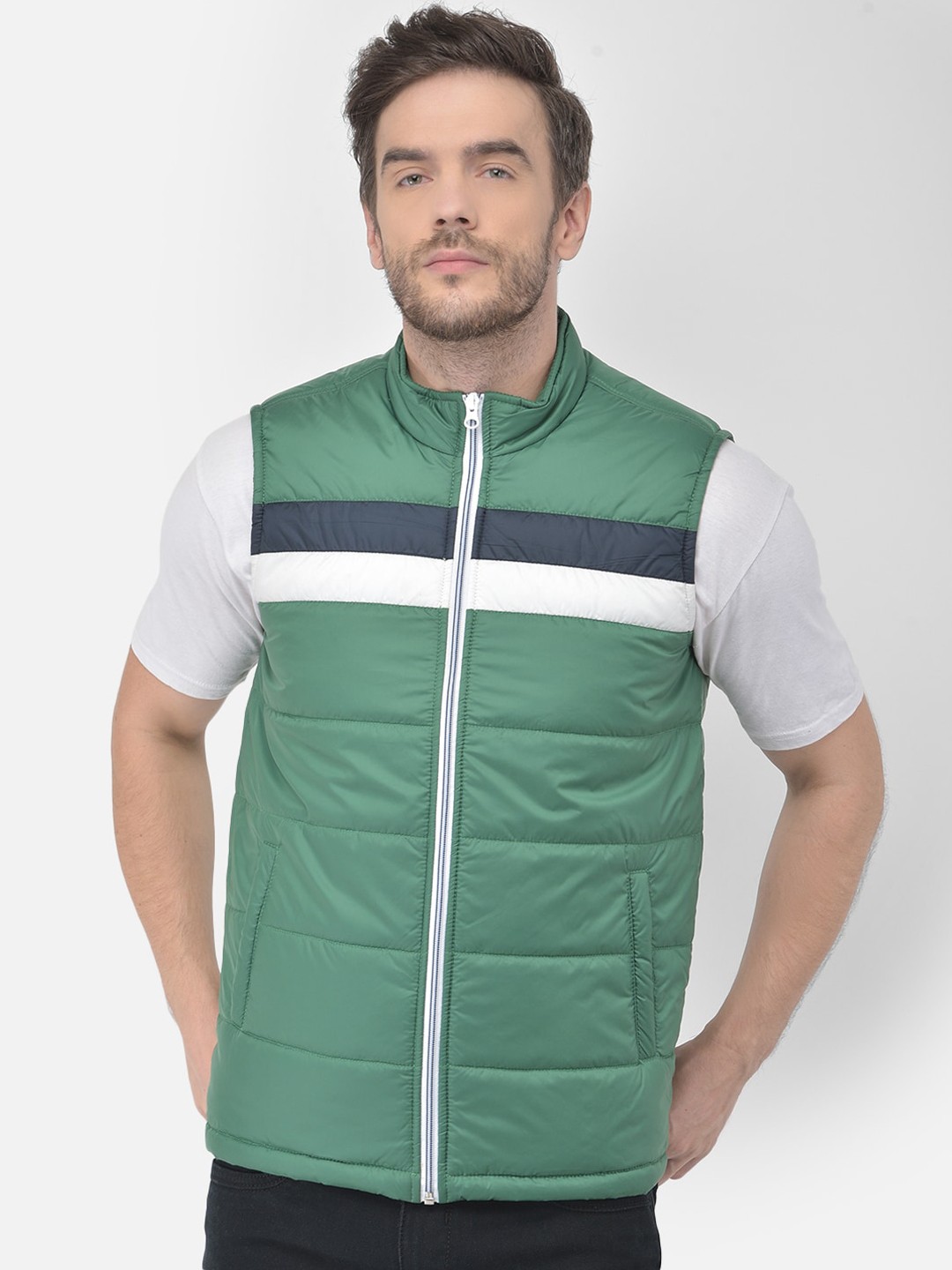 

Canary London Men Green White Striped Puffer Jacket