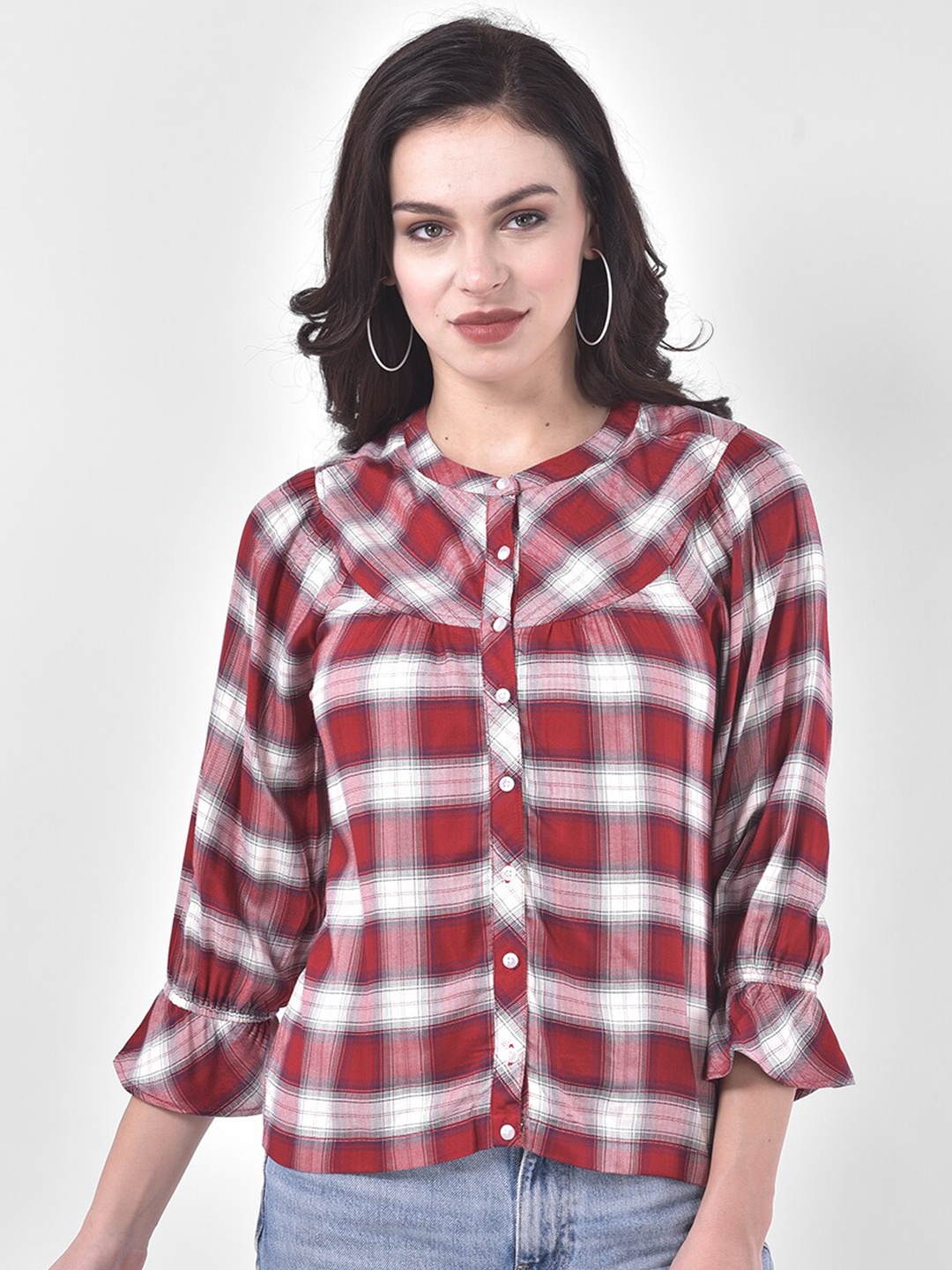 

Latin Quarters Red & White Checked Mandarin Collar Shirt Style Top