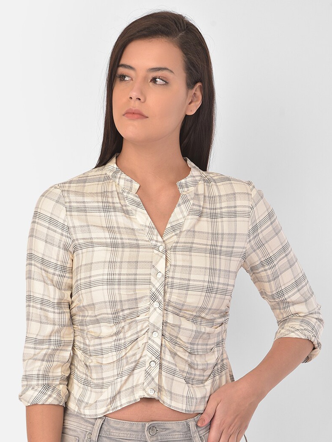 

Latin Quarters Cream-Coloured & Grey Checked Mandarin Collar Shirt Style Top