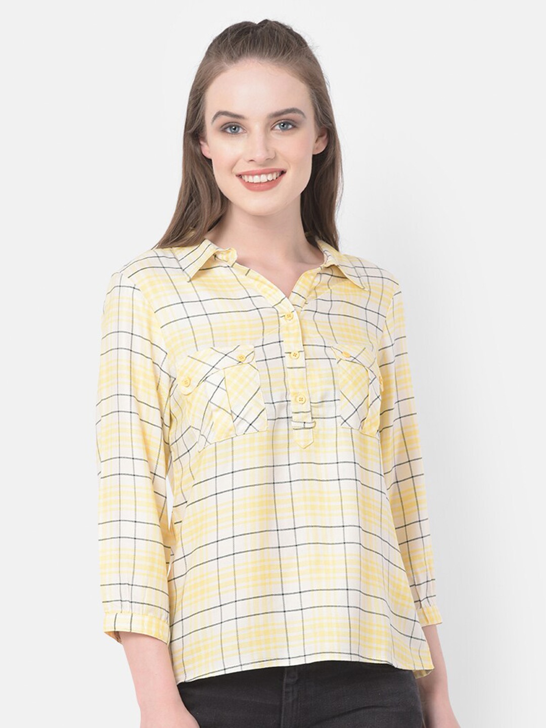 

Latin Quarters Women Yellow Checked Regular Top