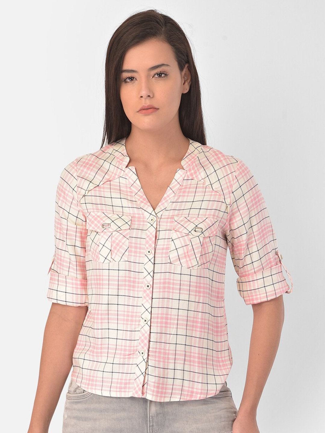 

Latin Quarters Women Pink Checked Roll-Up Sleeves Shirt Style Top
