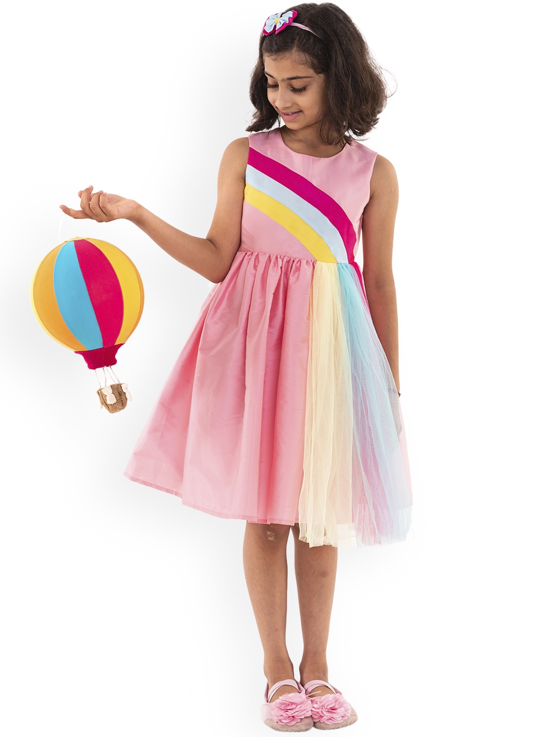 

A Little Fable Girls Pink & Yellow Colourblocked Pleated Fit & Flare Dress