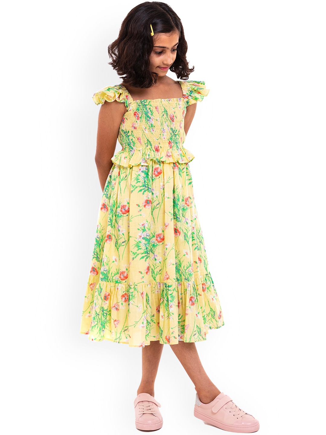 

A Little Fable Girls Yellow Floral A-Line Midi Dress