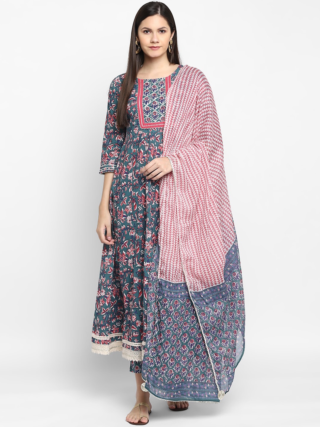 

CHRISTEENA Women Blue Printed Regular Pure Cotton Kurta with Trousers & Dupatta