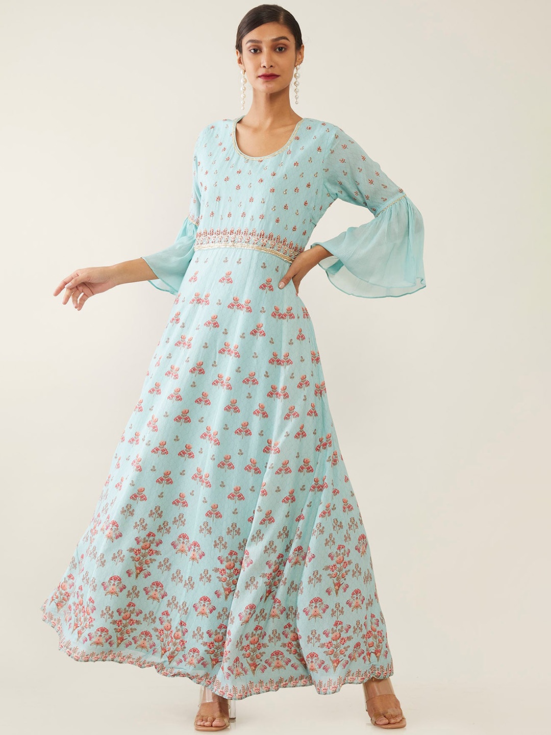 

Soch Blue & Gold-Toned Floral Crepe Ethnic Maxi Dress