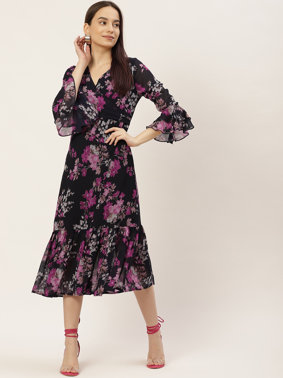 

WISSTLER Navy Blue Floral Georgette Midi Dress