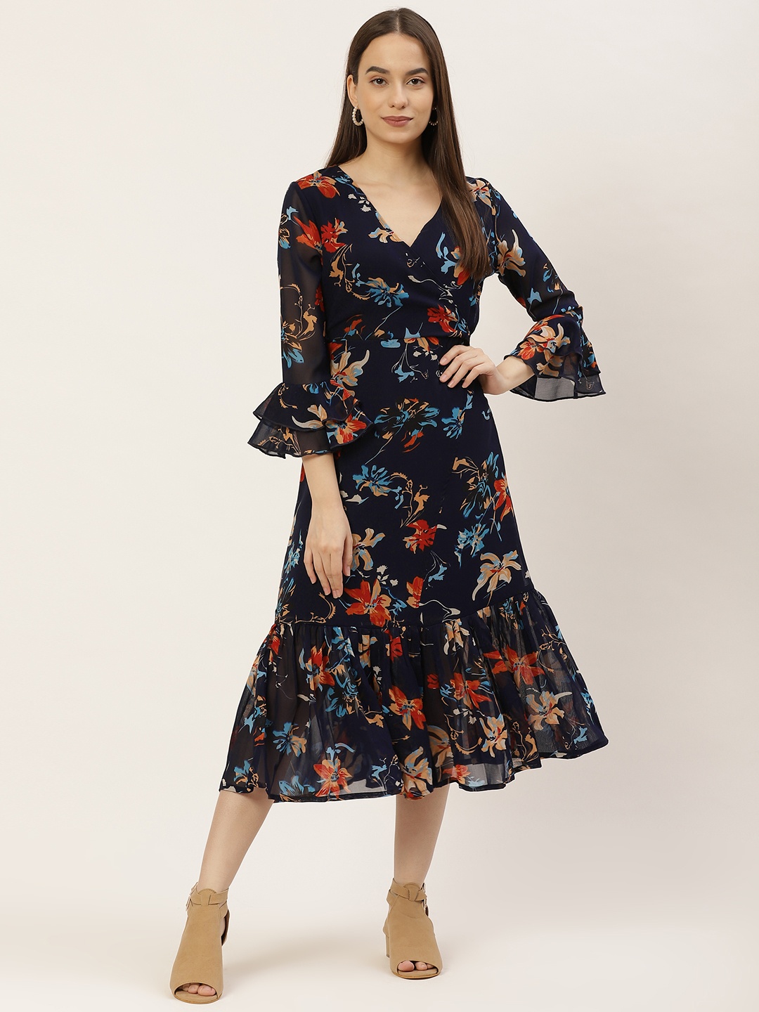 

WISSTLER Navy Blue Floral Georgette Midi Dress