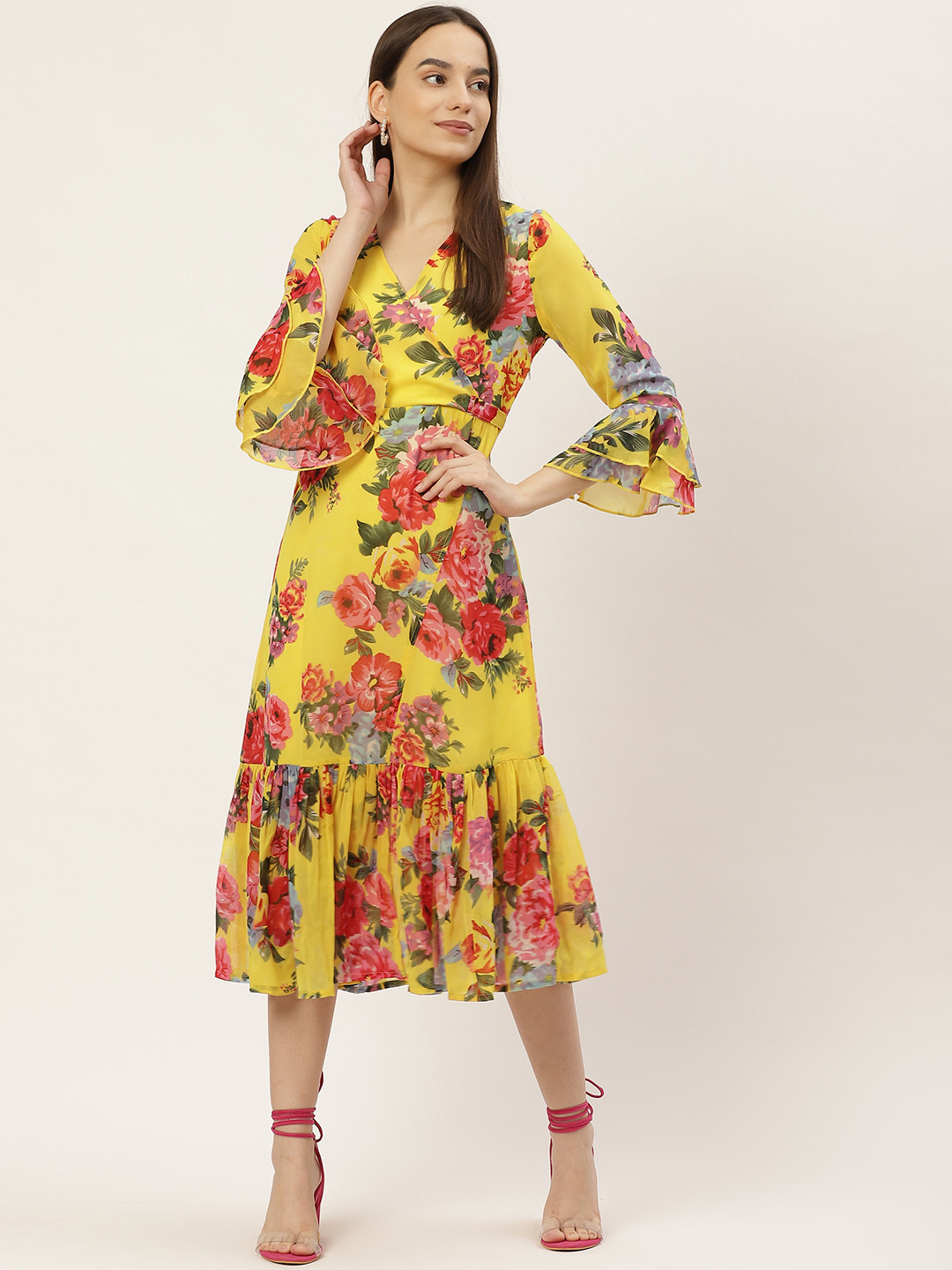 

WISSTLER Yellow Floral Georgette Midi Dress
