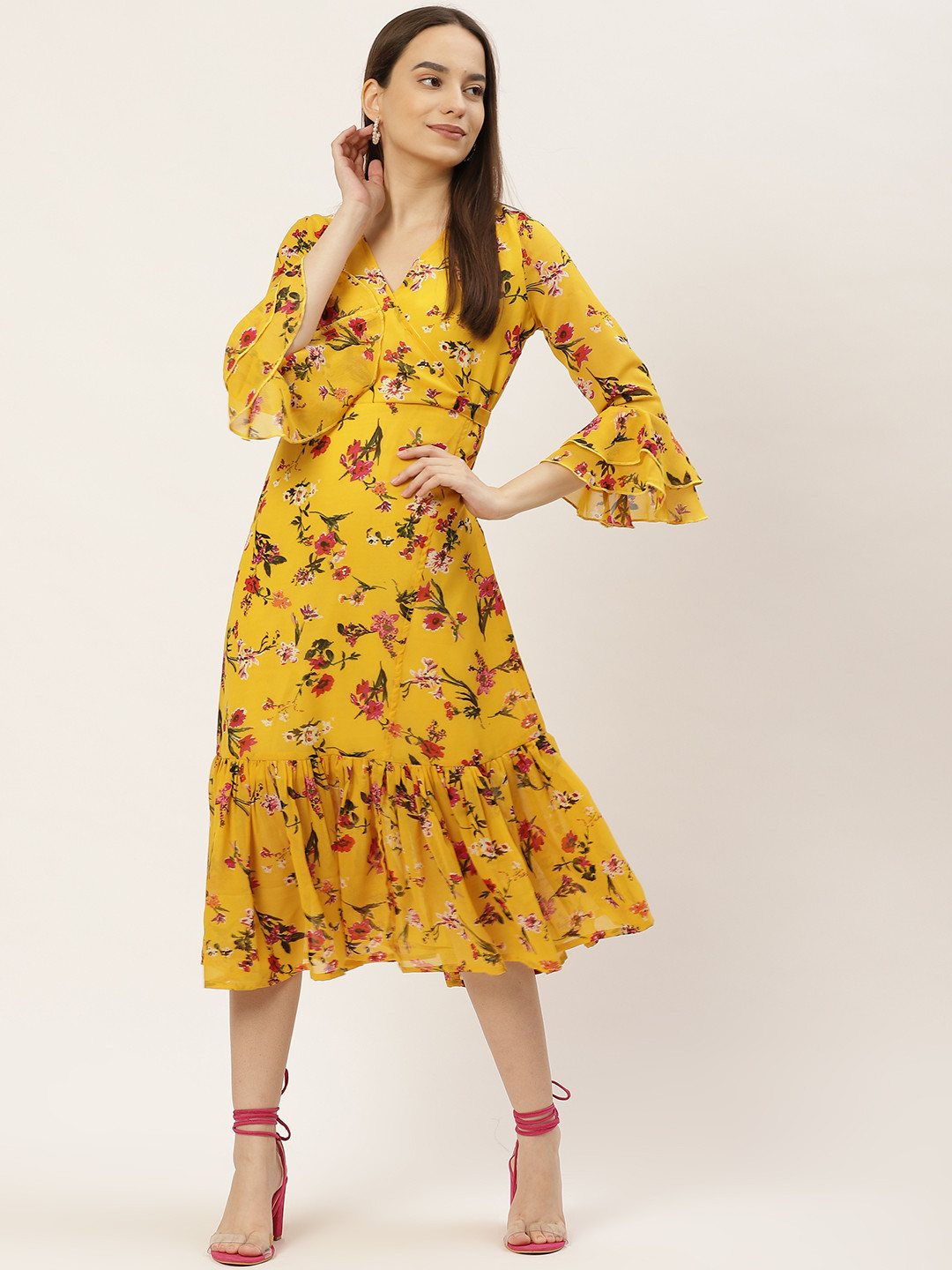

WISSTLER Yellow Floral Georgette Midi Dress