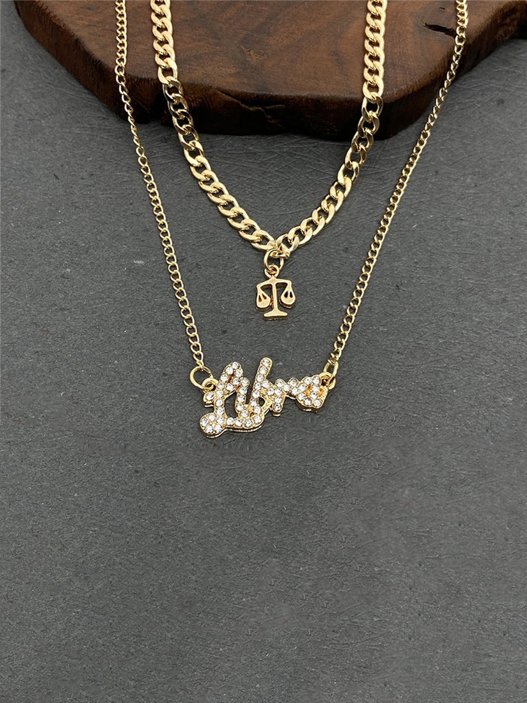 

Jewels Galaxy Gold-Plated Stone-Studded Libra Sun Sign Layered Necklace