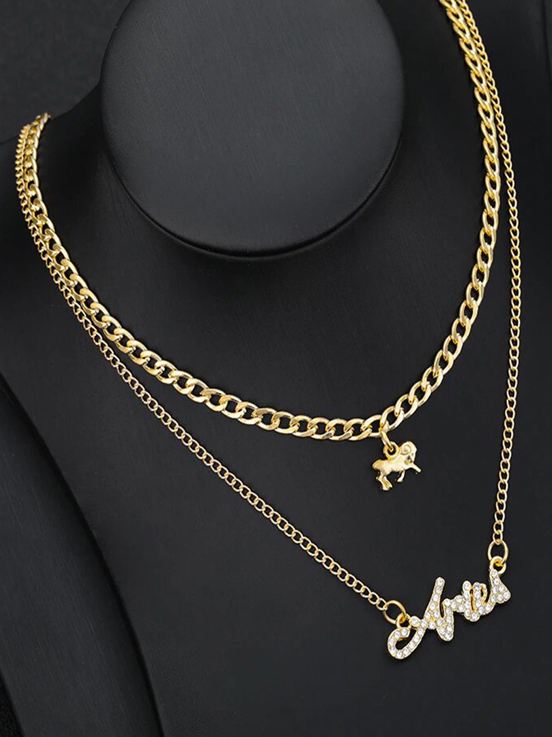 

Jewels Galaxy Gold-Plated Stone-Studded Aries Sun Sign Layered Necklace